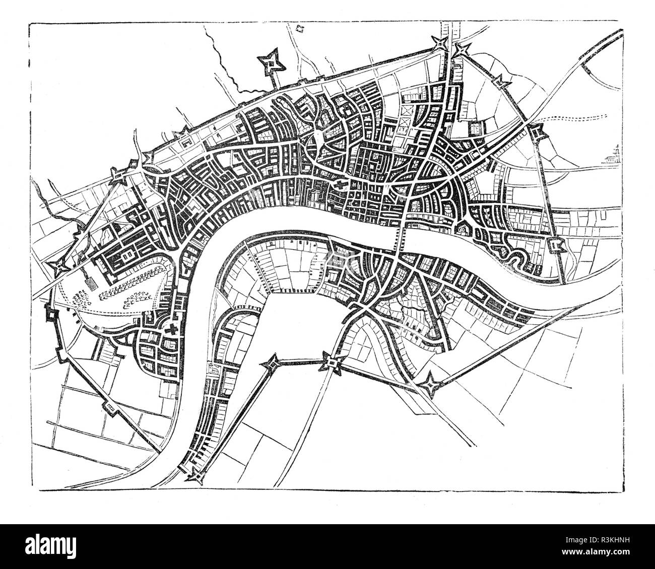 A map of mid-17th Century London showing the walls that surrounded the then small City, England. Stock Photo