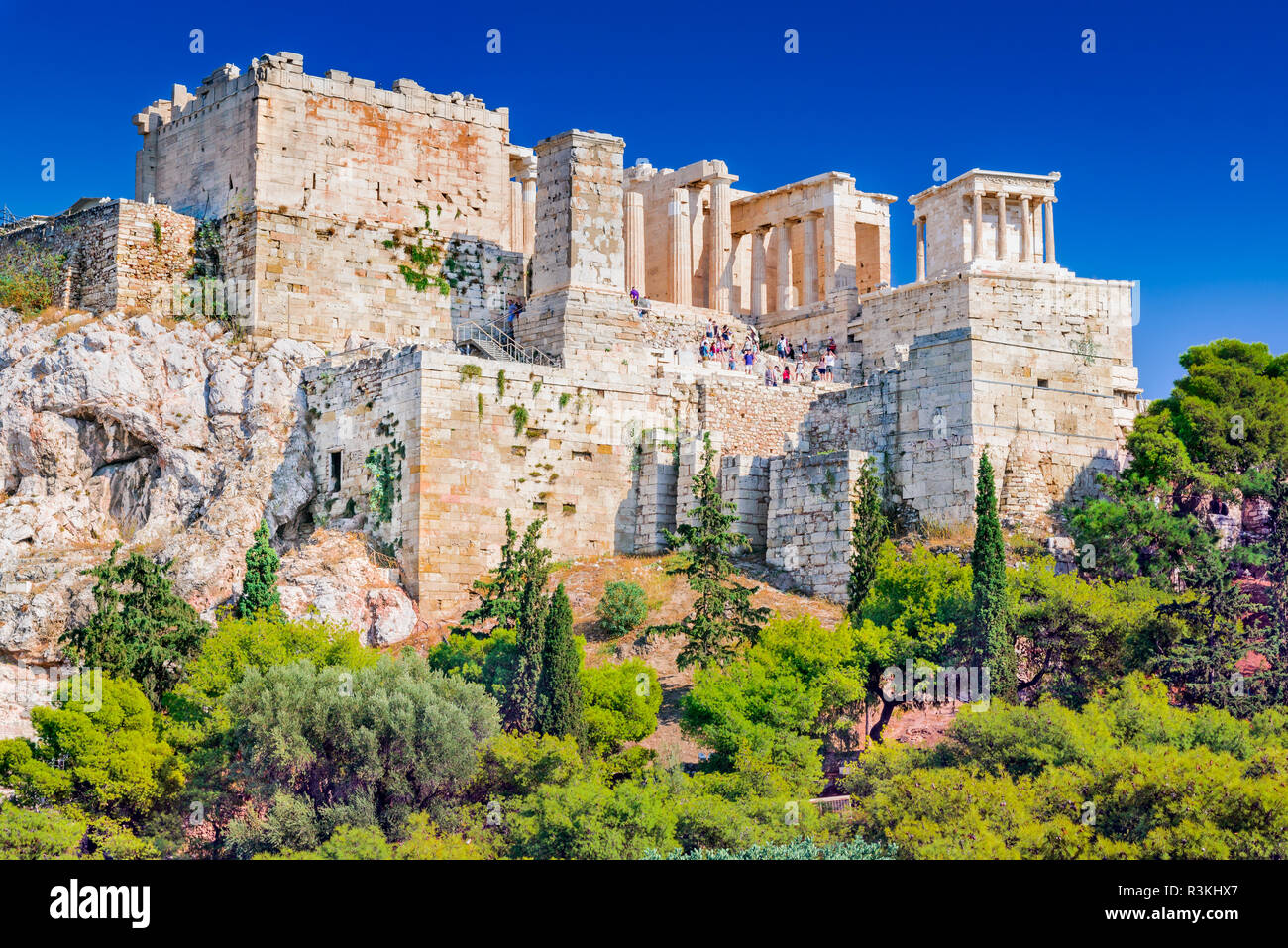 Athens, Greece - Ancient view of Acropolis, ancient citadel of Greek Civilization. Stock Photo