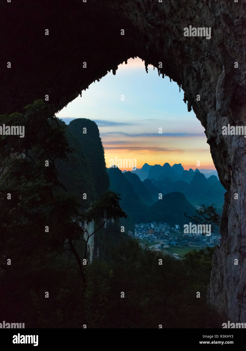 Sunrise view of karst hills from Moon Hill, Yangshuo, Guangxi, China Stock Photo