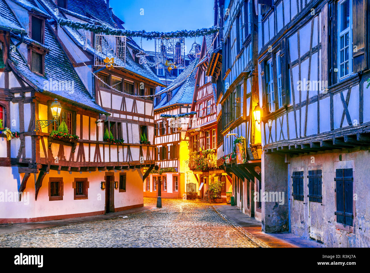 Strasbourg, France. Christmas Market in Petite France old district of Strassburg in Alsace. Stock Photo