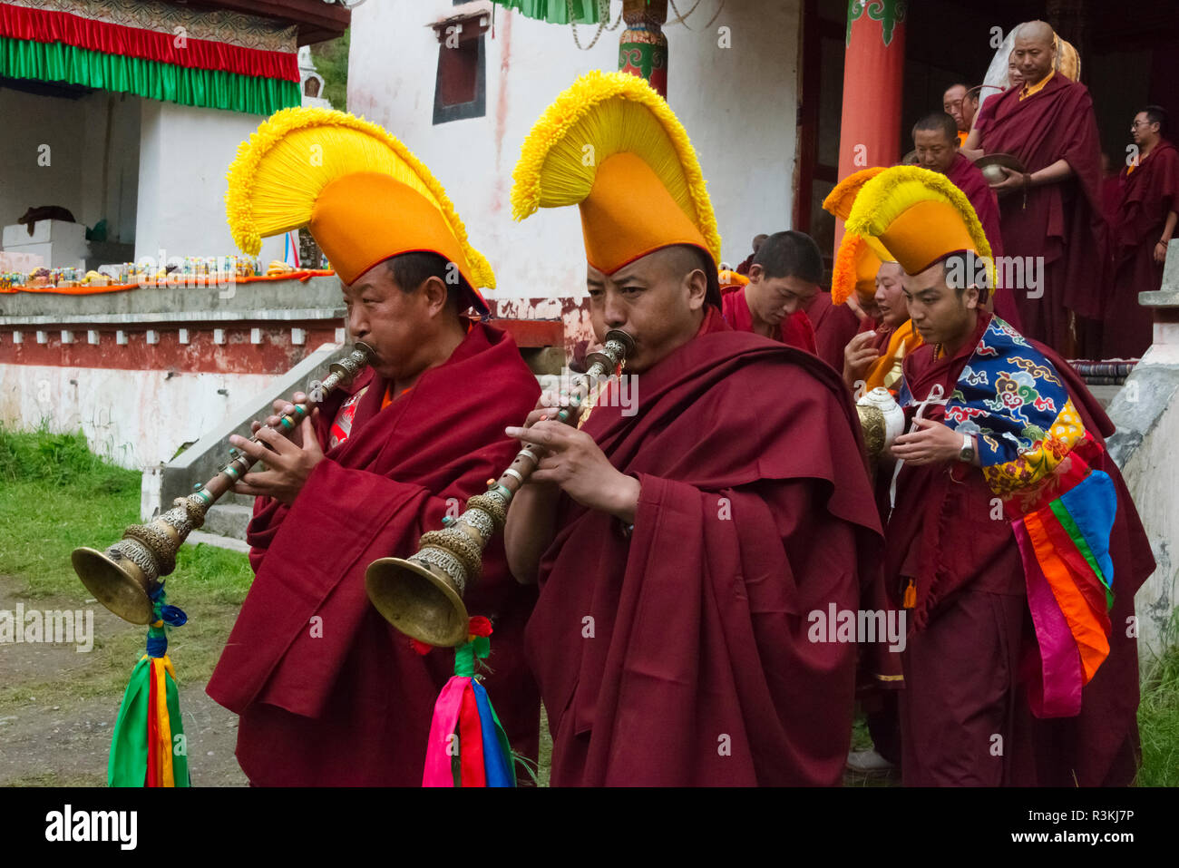 Yellow hat lamas playing trumpet at a Buddhist festival, Juli Temple, Xinduqiao, western Sichuan, China Stock Photo