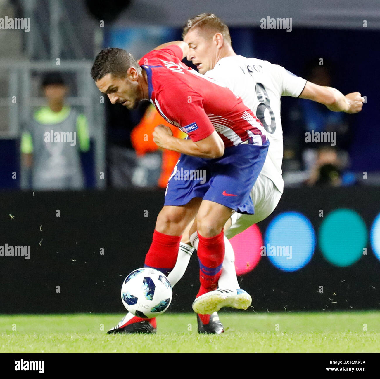 TALLINN, ESTONIA - AUGUST 15: Toni Kroos (R) of Real Madrid and Koke of Atletico Madrid vie for the ball during the UEFA Super Cup match between Real Madrid and Atletico Madrid at A Le Coq Arena on August 15, 2018 in Tallinn, Estonia. (MB Media) Stock Photo
