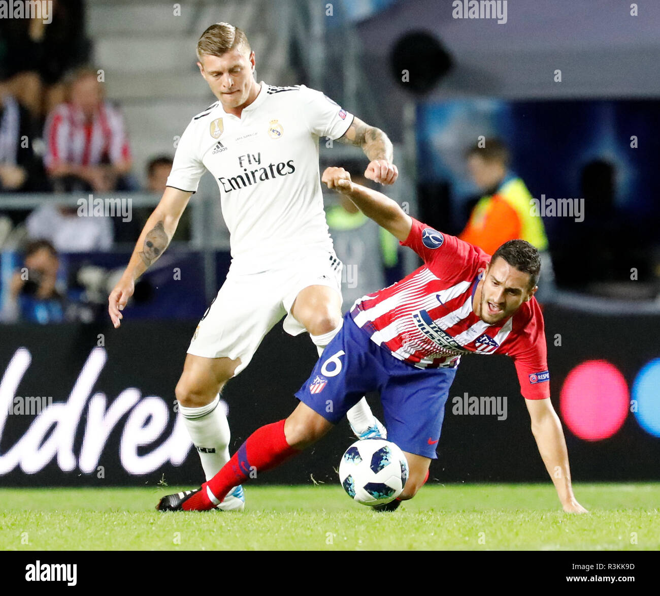 TALLINN, ESTONIA - AUGUST 15: Toni Kroos (L) of Real Madrid and Koke of Atletico Madrid vie for the ball during the UEFA Super Cup match between Real Madrid and Atletico Madrid at A Le Coq Arena on August 15, 2018 in Tallinn, Estonia. (MB Media) Stock Photo