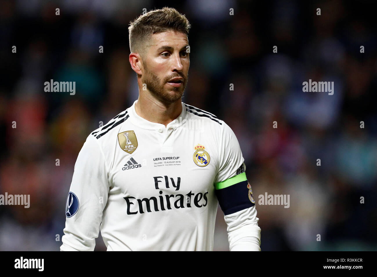 TALLINN, ESTONIA - AUGUST 15: Sergio Ramos of Real Madrid during the UEFA  Super Cup match between Real Madrid and Atletico Madrid at A Le Coq Arena  on August 15, 2018 in