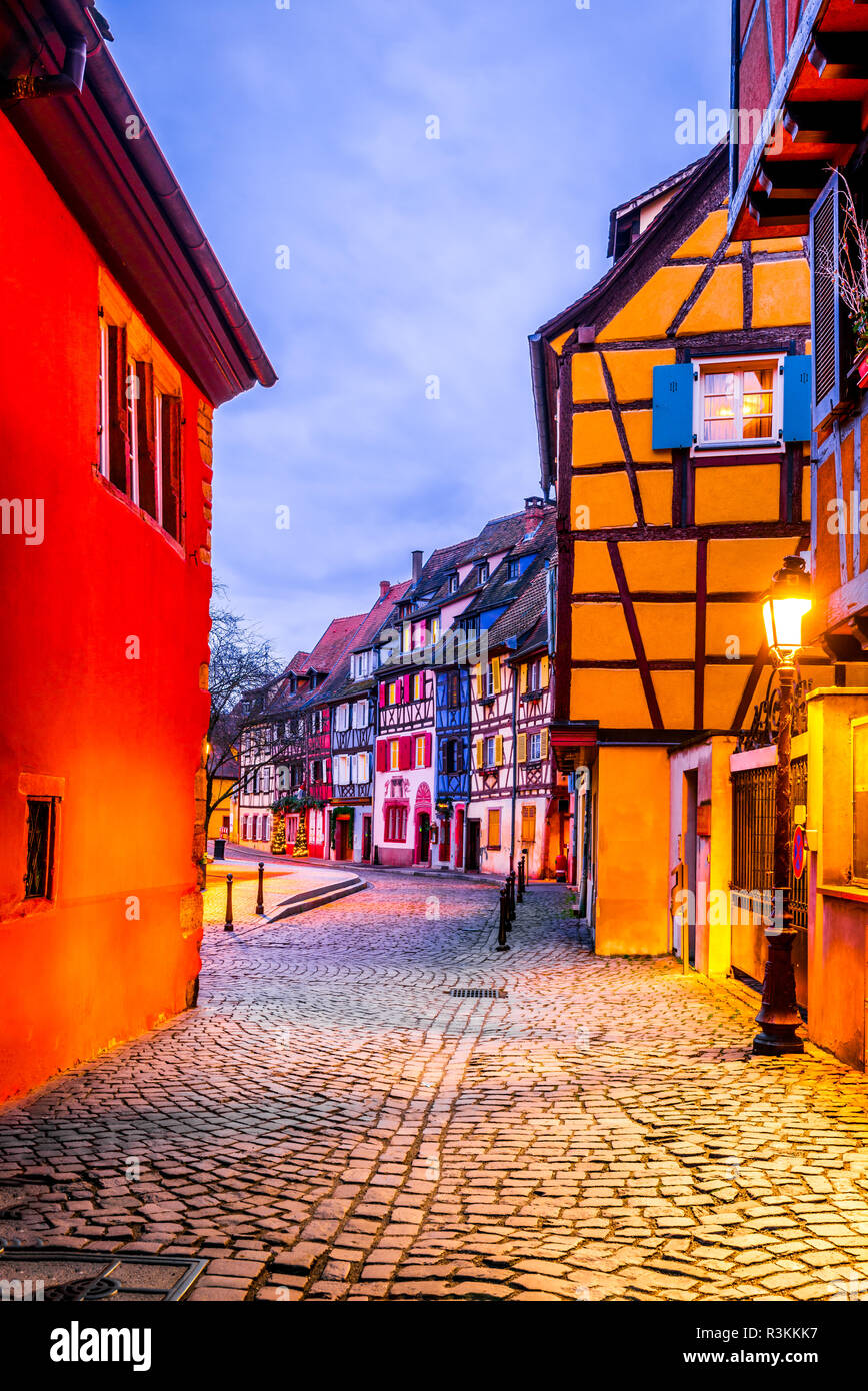 Colmar, France. Gingerbread houses in old city Petit Venice. Christmas decoration of local craftsmen, famous in Alsace and Europe. Stock Photo