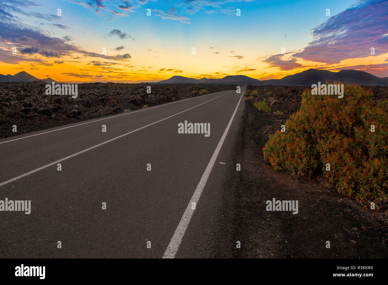 Road in Timanfaya National Park, Canary islands at sunset. Stock Photo