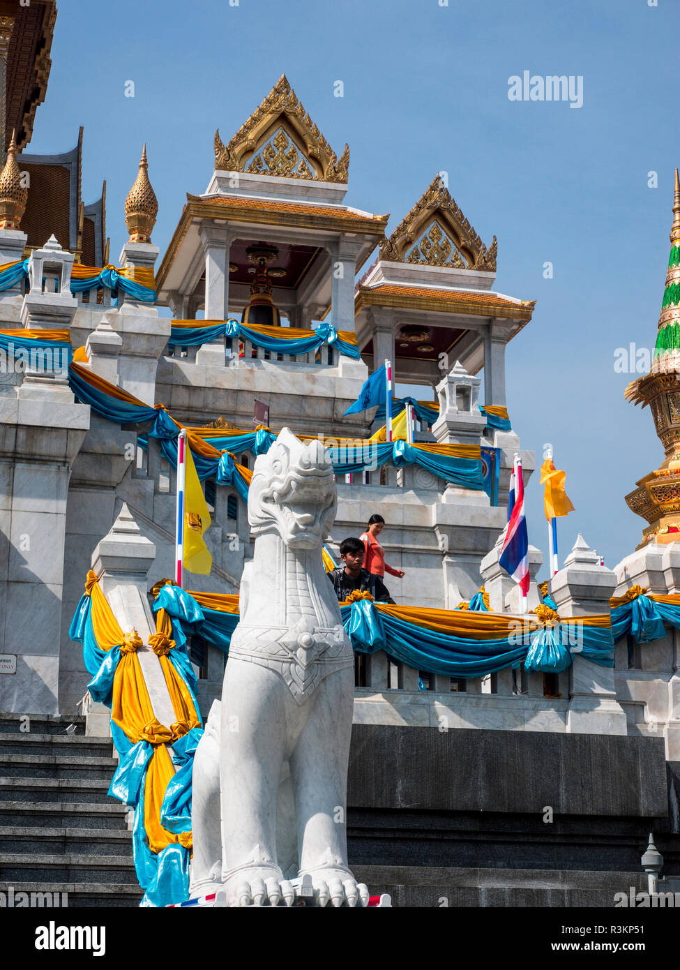 Thailand, Bangkok, Wat Trimitr decorated for the kings birthday Stock Photo