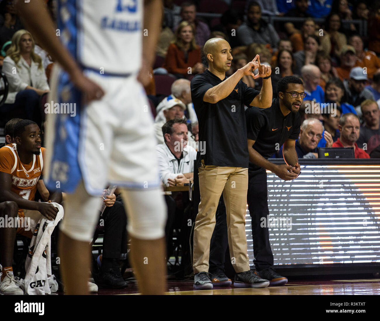 Nov 22 2018 Las Vegas, NV U.S.A. Texas head coach Shaka Smart during the NCAA Men's Basketball Continental Tire Las Vegas Invitational between North Carolina Tar heels and the Texas Longhorns 92-89 win at The Orleans Arena Las Vegas, NV. Thurman James/CSM Stock Photo