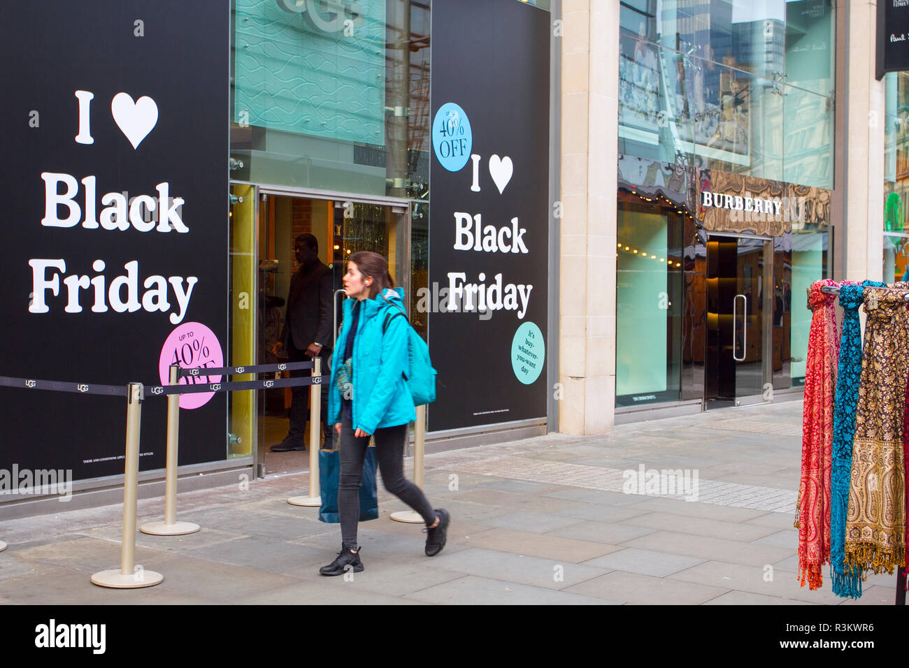 Manchester, UK. 23 November, 2018. Arndale Black Friday Sales Busy Weekend.  City centre holiday shopping season, retail shops, stores, Christmas  shoppers, discount sale shopping, female consumer spending on Black Friday  weekend considered