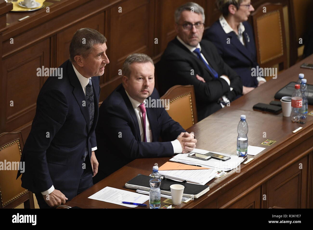 Andrej Babis's (left) government of his ANO and CSSD survived no-confidence vote in Chamber of Deputies provoked by right-wing opposition in Prague, Czech Republic, November 23, 2018. (CTK Photo/Ondrej Deml) Stock Photo