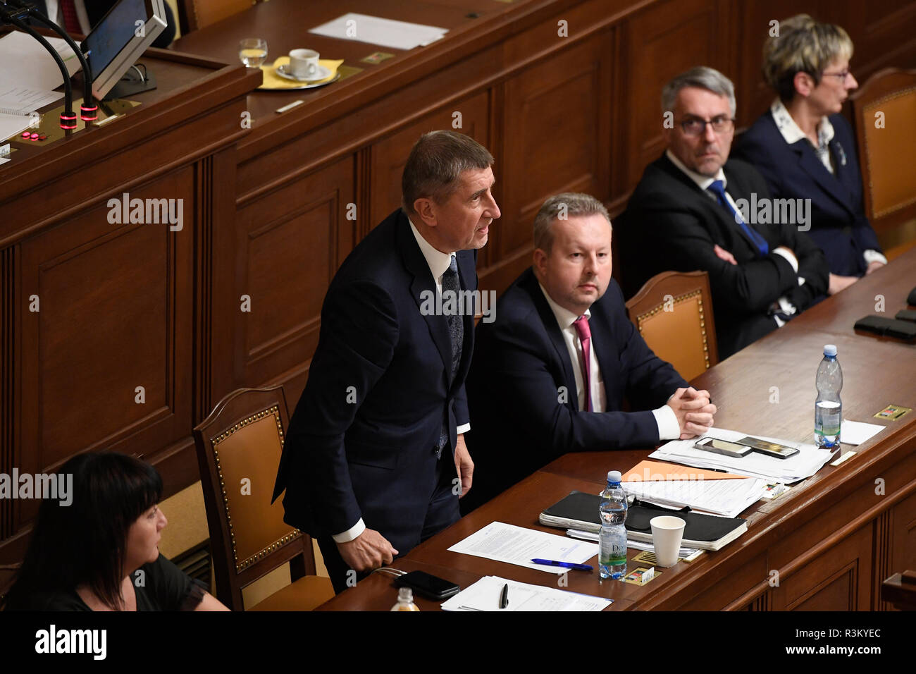 Andrej Babis's (centre) government of his ANO and CSSD survived no-confidence vote in Chamber of Deputies provoked by right-wing opposition in Prague, Czech Republic, November 23, 2018. (CTK Photo/Ondrej Deml) Stock Photo