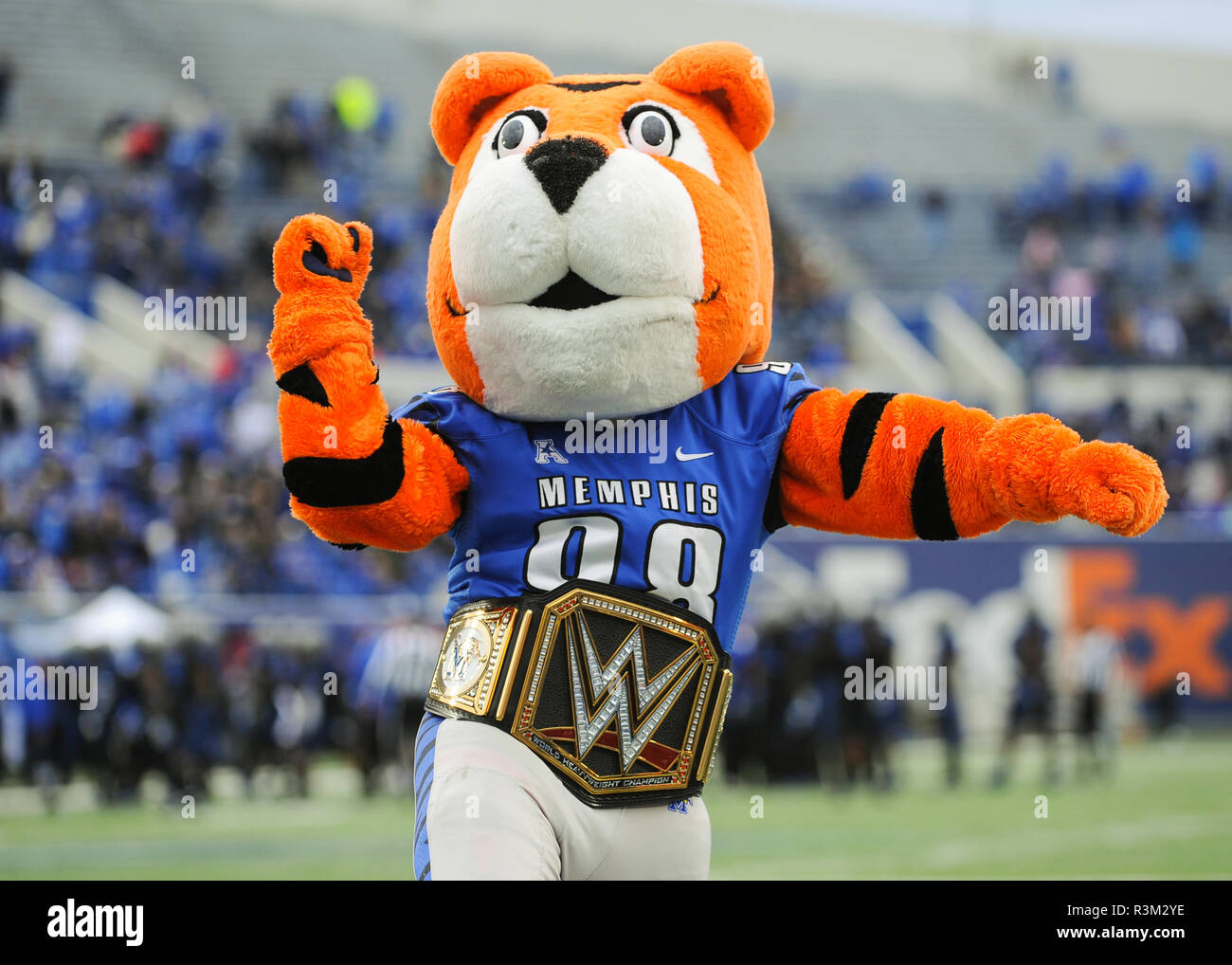 Memphis, TN, USA. 23rd Nov, 2018. The Memphis Tigers mascot, POUNCER,  wearing the championship belt after the NCAA Division I football game  between the University of Houston Cougars and the Memphis Tigers