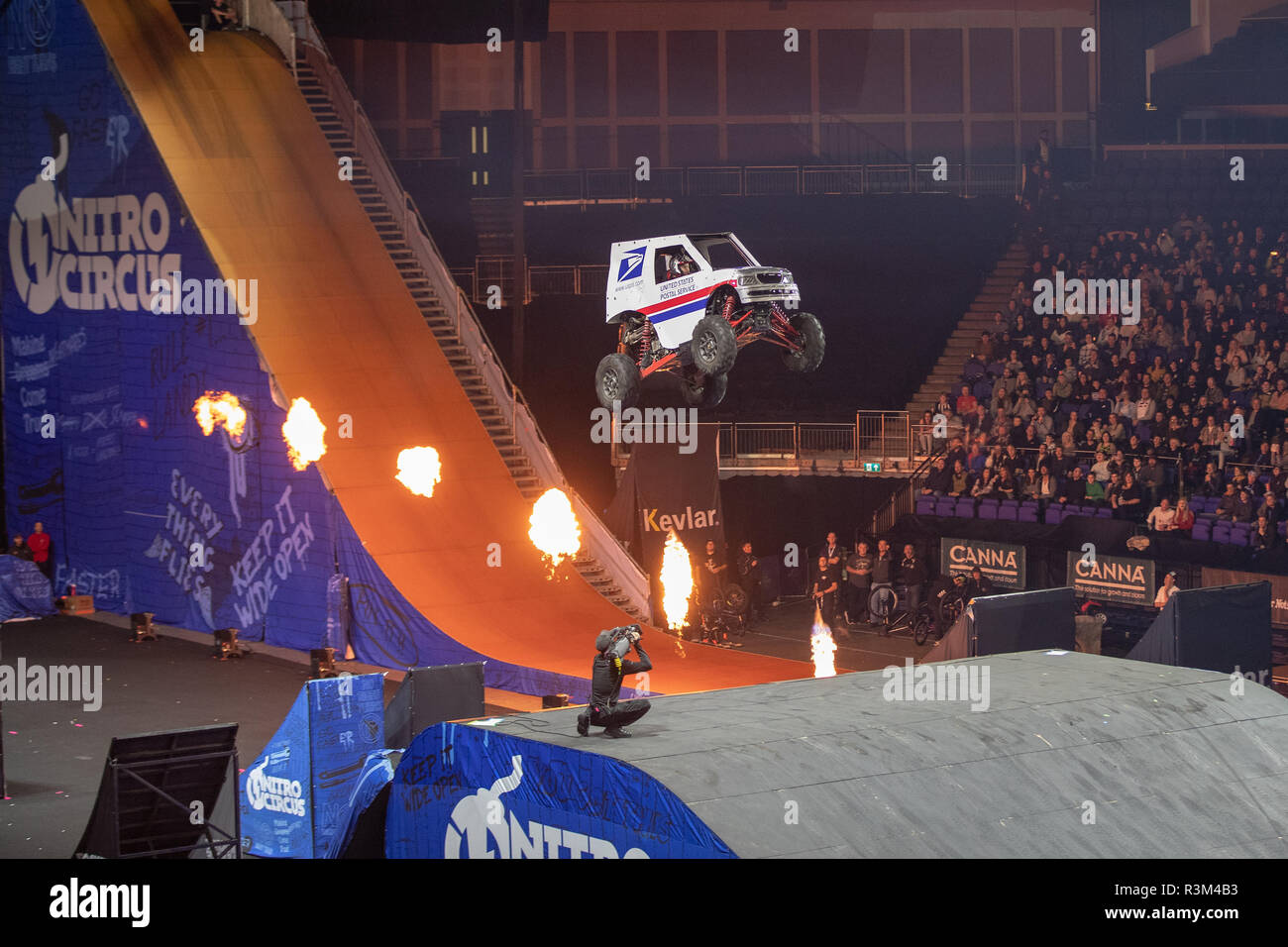 London, UK. 23rd Nov, 2018.Nitro Circus Live 2018, breathtaking choreographed  routines for FMX, BMX and Skate. Riders will execute moves such as the Nitro Bomb and use the 40-foot Giganta ramp during the show at the O2 Arena, Uk, Credit: Jason Richardson/Alamy Live News Stock Photo