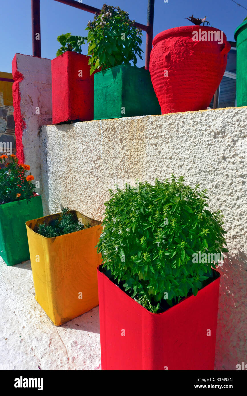 Brightly coloured plant pots surround ding a house in Kamari, Kefalos on the Greek island of Kos Stock Photo