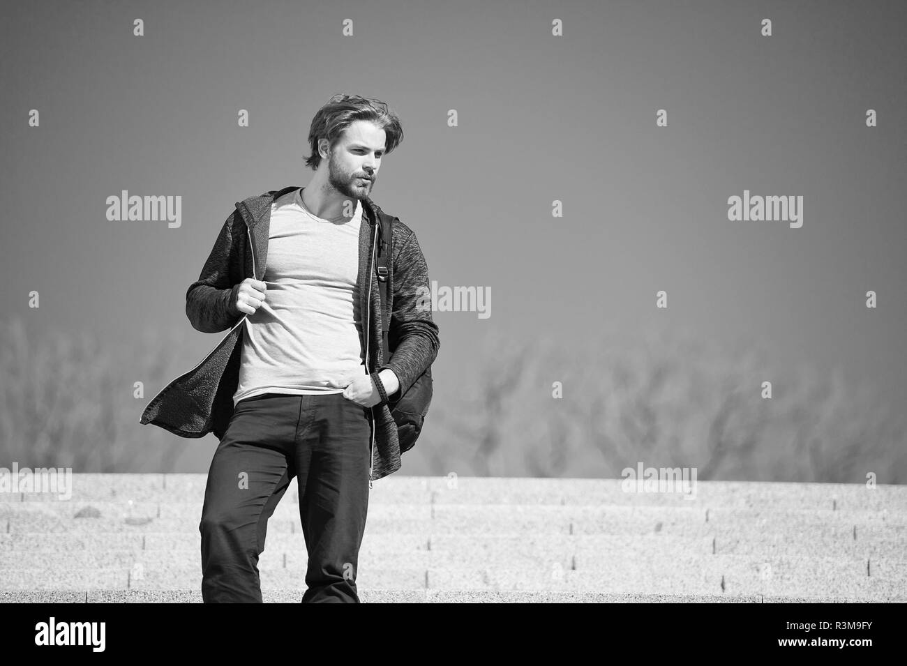 One more step. Man handsome guy enjoy morning walk blue sky background copy  space. Morning fill energy charge. Morning brings fresh thoughts. Man thou  Stock Photo - Alamy