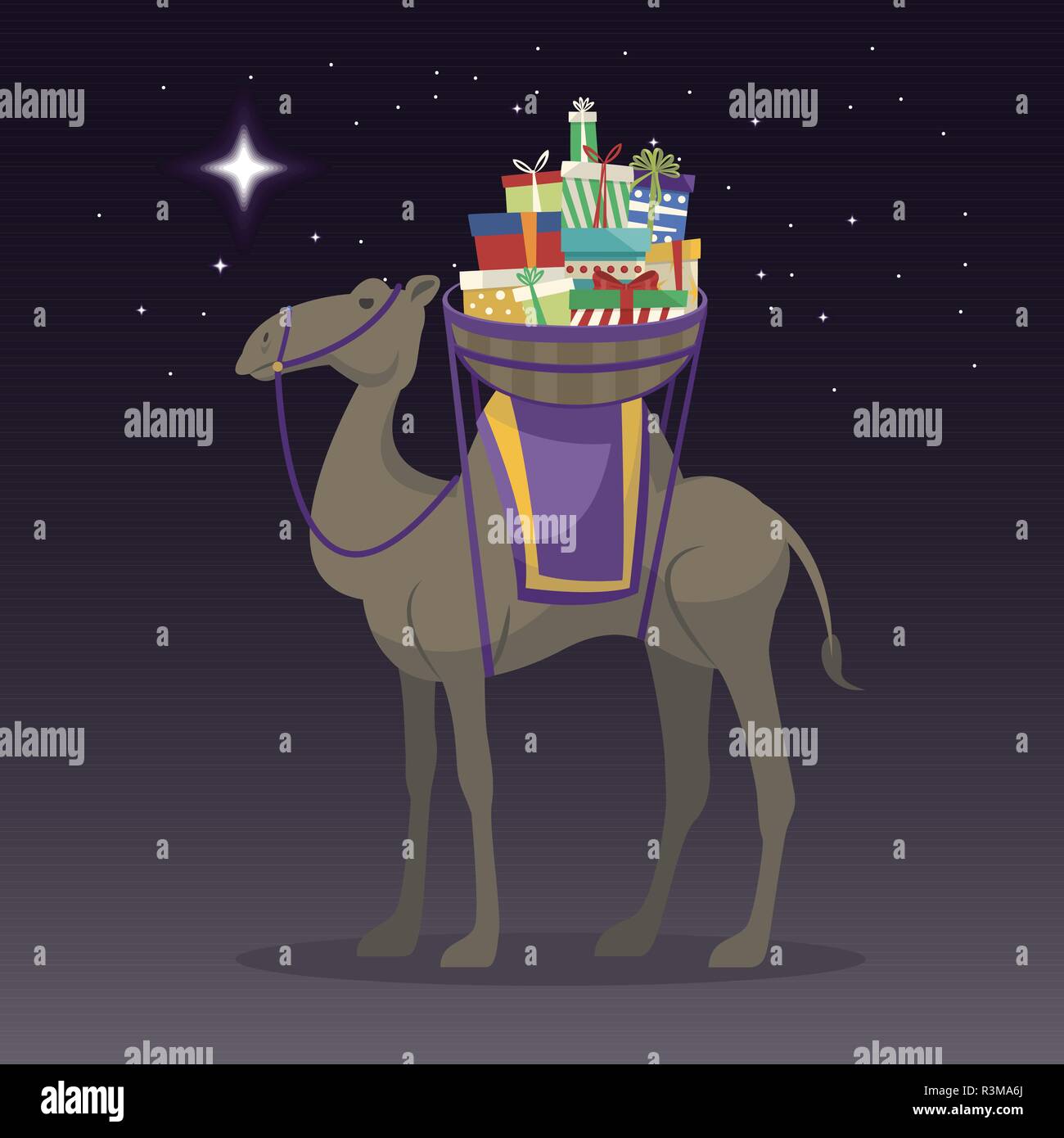 Happy epiphany day. Camel transporting gifts on three kings day. Vector ...