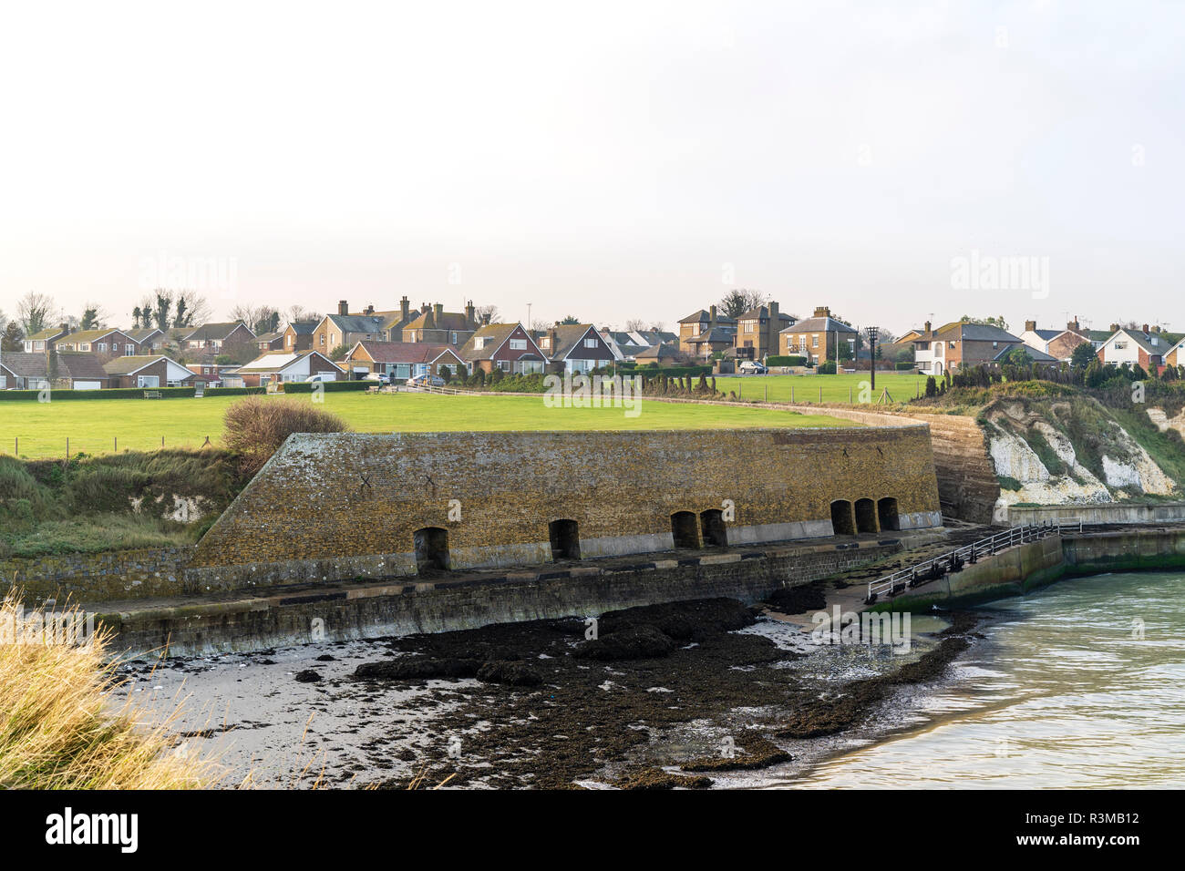 Epple Bay, Kent. Cliff top view of the small bay and then beyond that