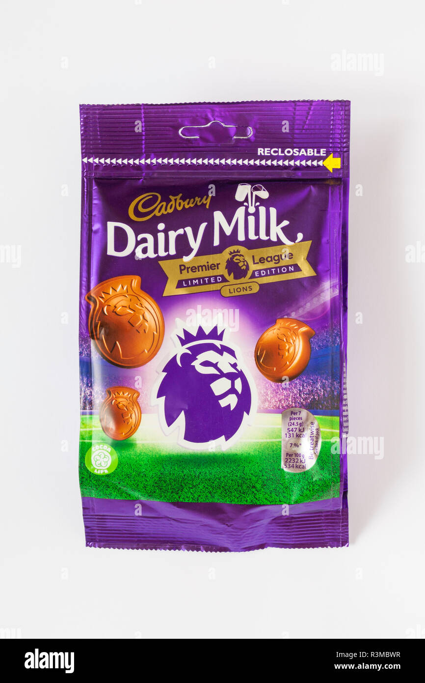 Packet of Cadbury Dairy Milk Premier League limited edition Lions chocolates, lion head chocolates, isolated on white background Stock Photo