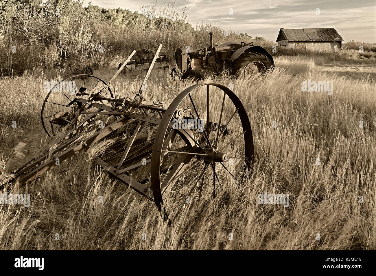 Canada. Black and white of old farm machinery in field. Stock Photo