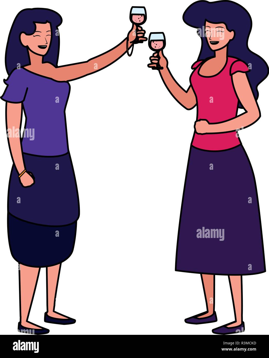 cartoon women enjoying wine glass over white background, vector