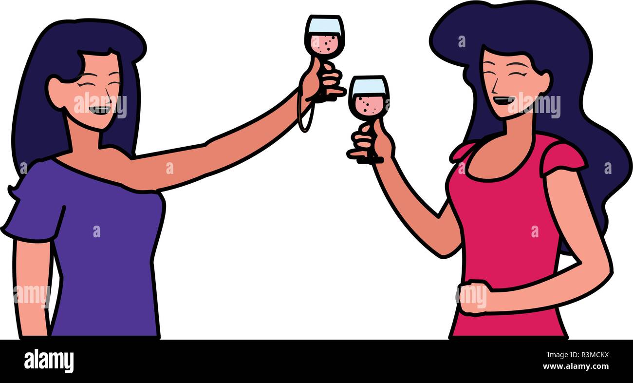 cartoon women enjoying wine glass over white background, vector