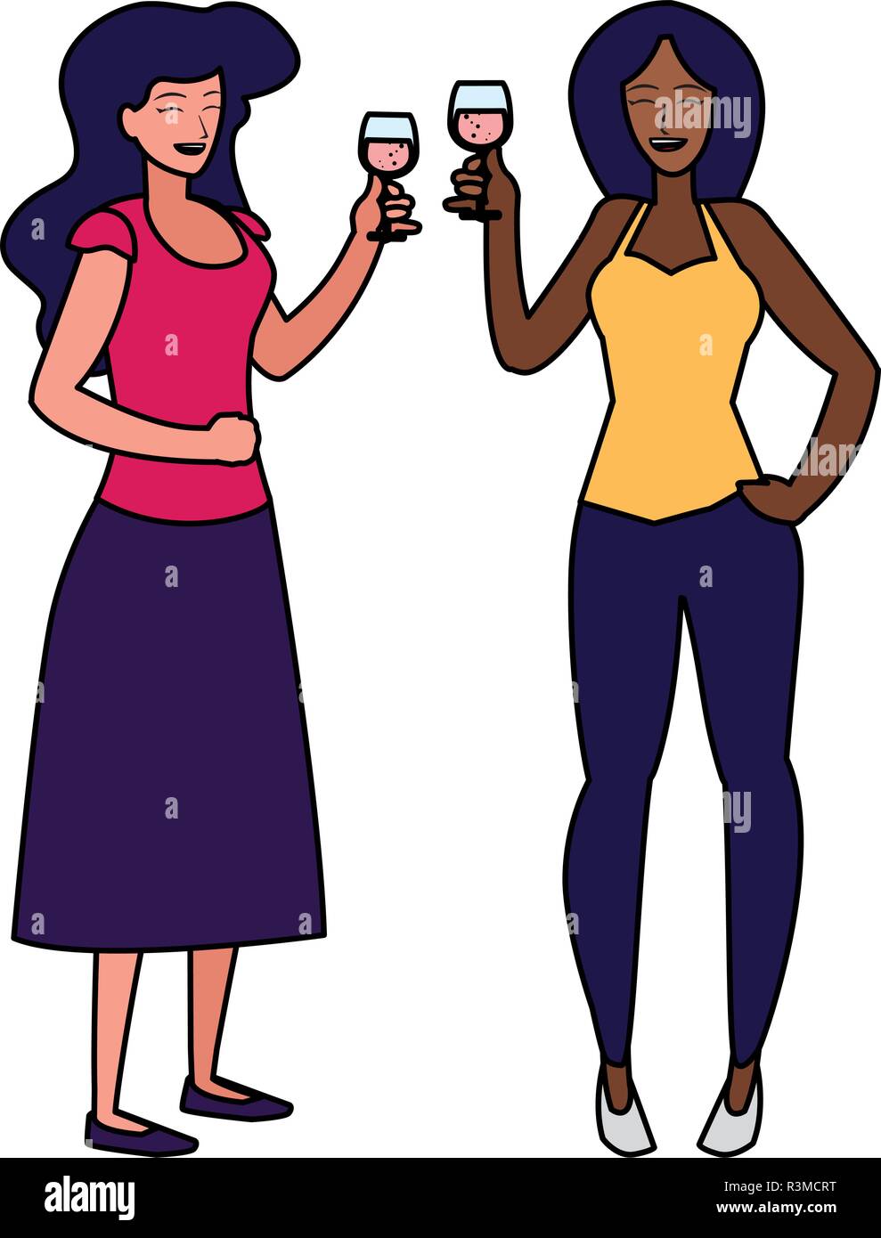 cartoon women enjoying wine glass over white background, vector