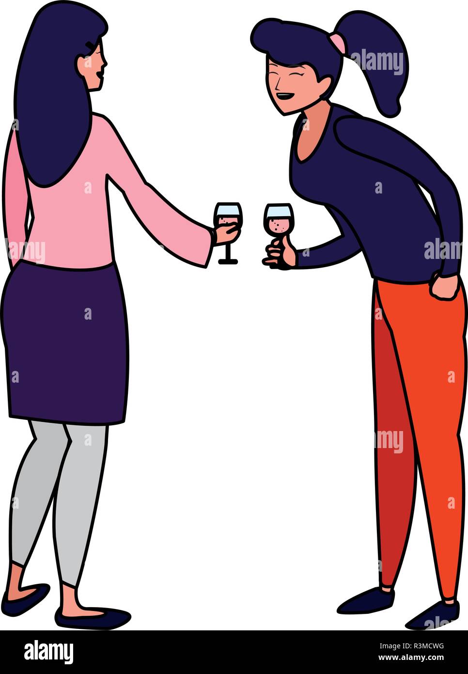 cartoon women enjoying wine glass over white background, vector