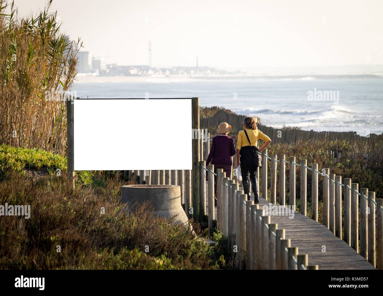 Two senior women walk by an advertisement billboard mockup on a boardwalk near the ocean. Rear view. Copy Space. Stock Photo