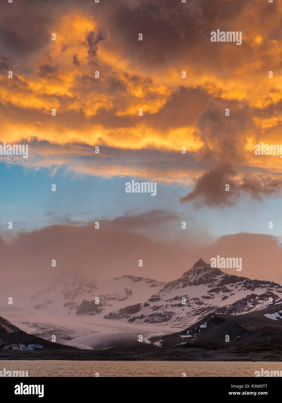 St. Andres Bay on South Georgia Island during sunset. On the coast is a huge colony of King Penguins (Aptenodytes Patagonicus) Stock Photo