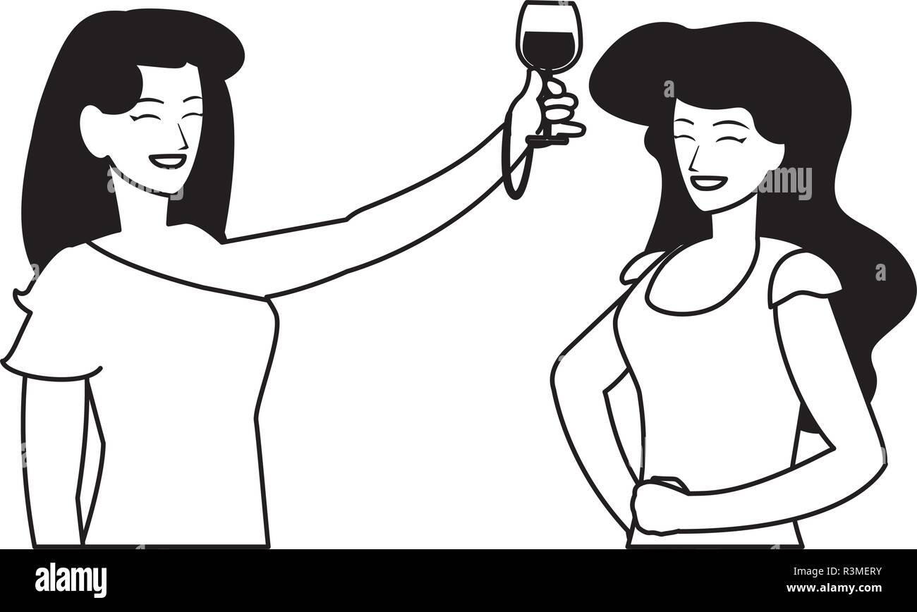 cartoon women enjoying wine glass over white background, vector