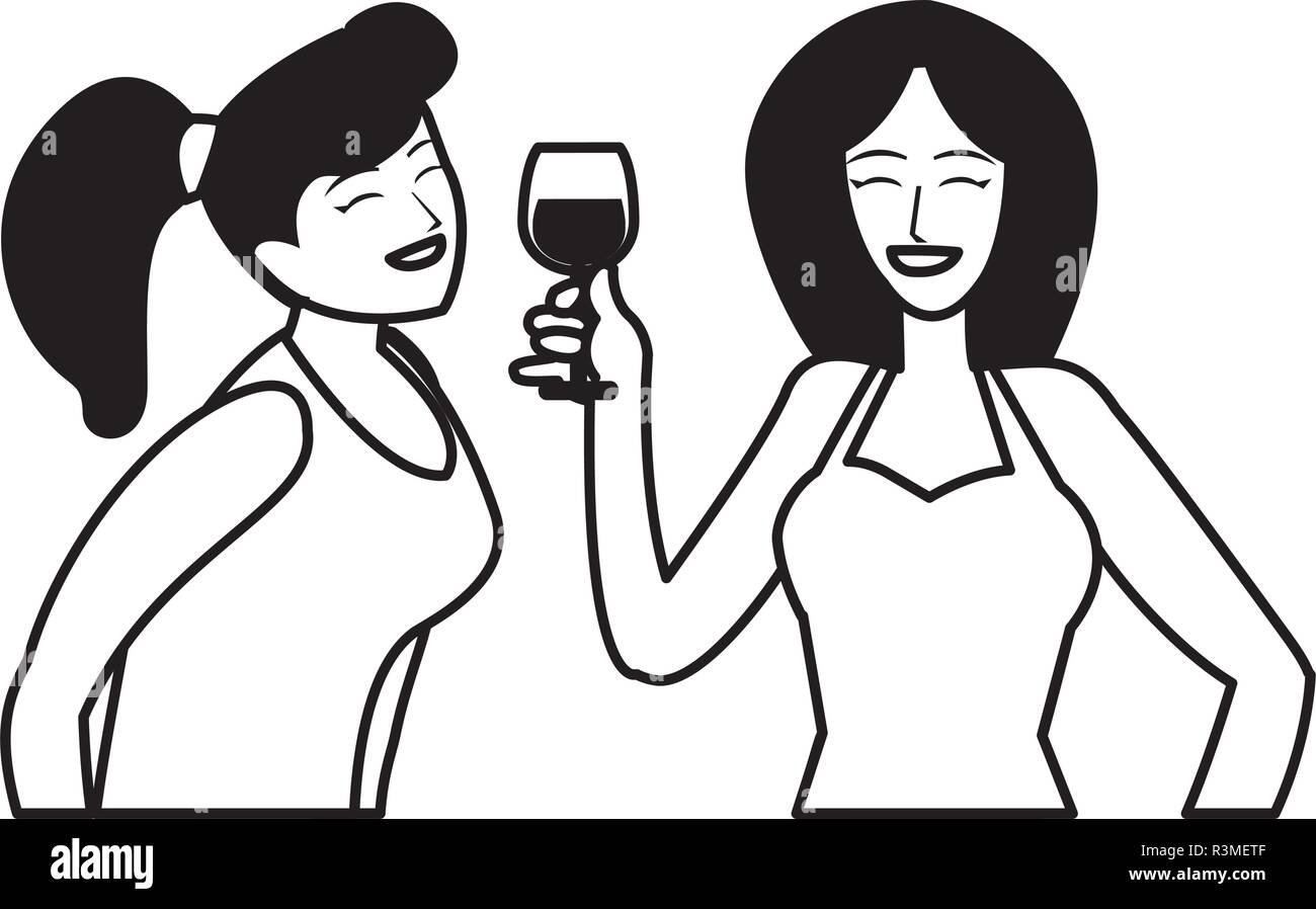 cartoon women enjoying wine glass over white background, vector