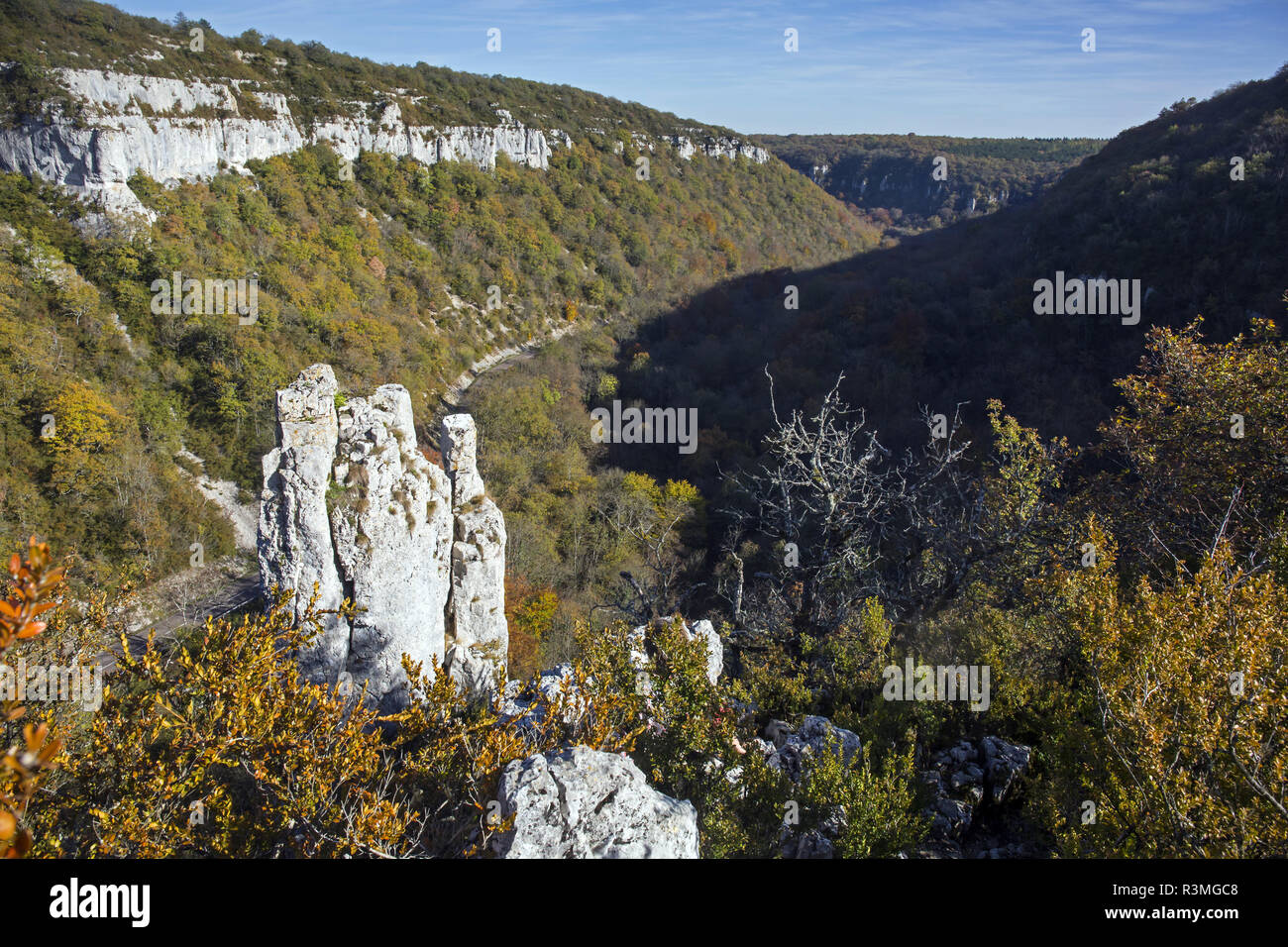 Landscape limestone coast and forests in Burgundy in autumn, View on a limestone needles in the reserve of Combe Lavaux, Surroundings of Chamboeuf, Côte d'Or 21, France Stock Photo