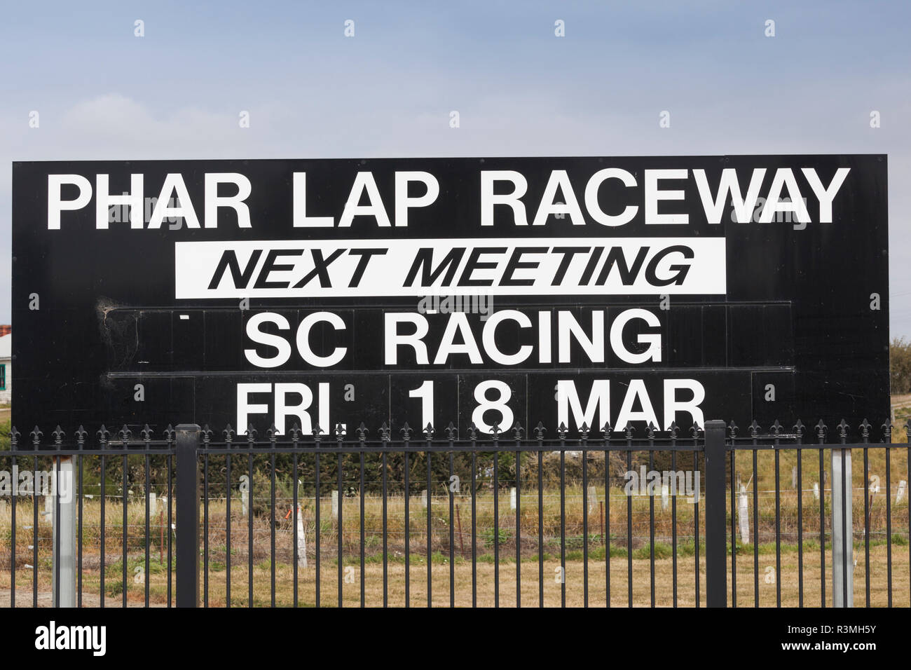 New Zealand, South Island, Canterbury, Timaru, sign of the Phar Lap Raceway, horse racing venue Stock Photo