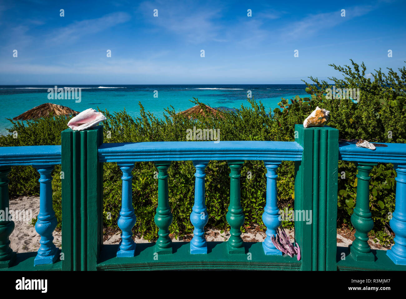 British Virgin Islands, Anegada. Loblolly Bay Beach, fence with conch