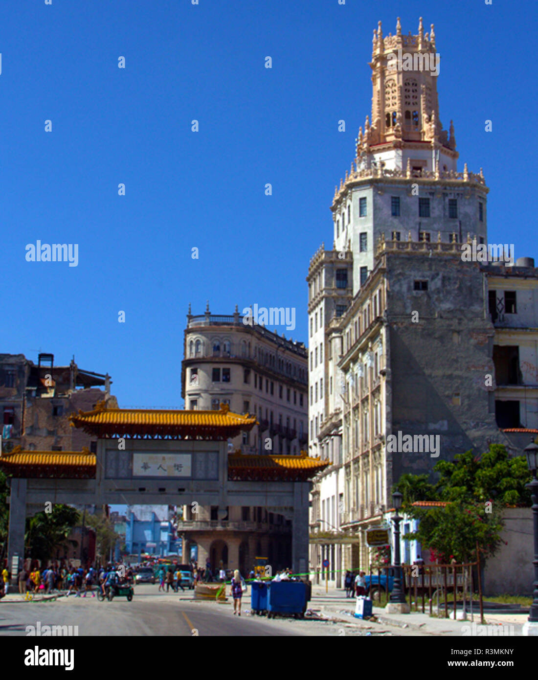 Havana, Cuba, Chinese arch entrance to Cuban China Town or Barrio Chino in center of Havana with people in the distance Stock Photo