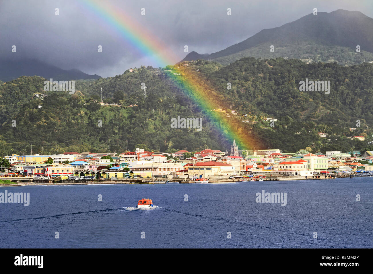 Roseau, Dominica, a rainbow over the capital city of Roseau Stock Photo