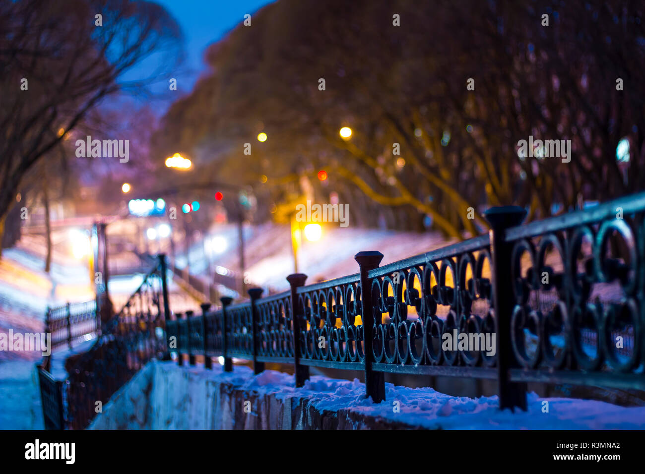 Night winter landscape in the city park. Bridge over the river. Park ...