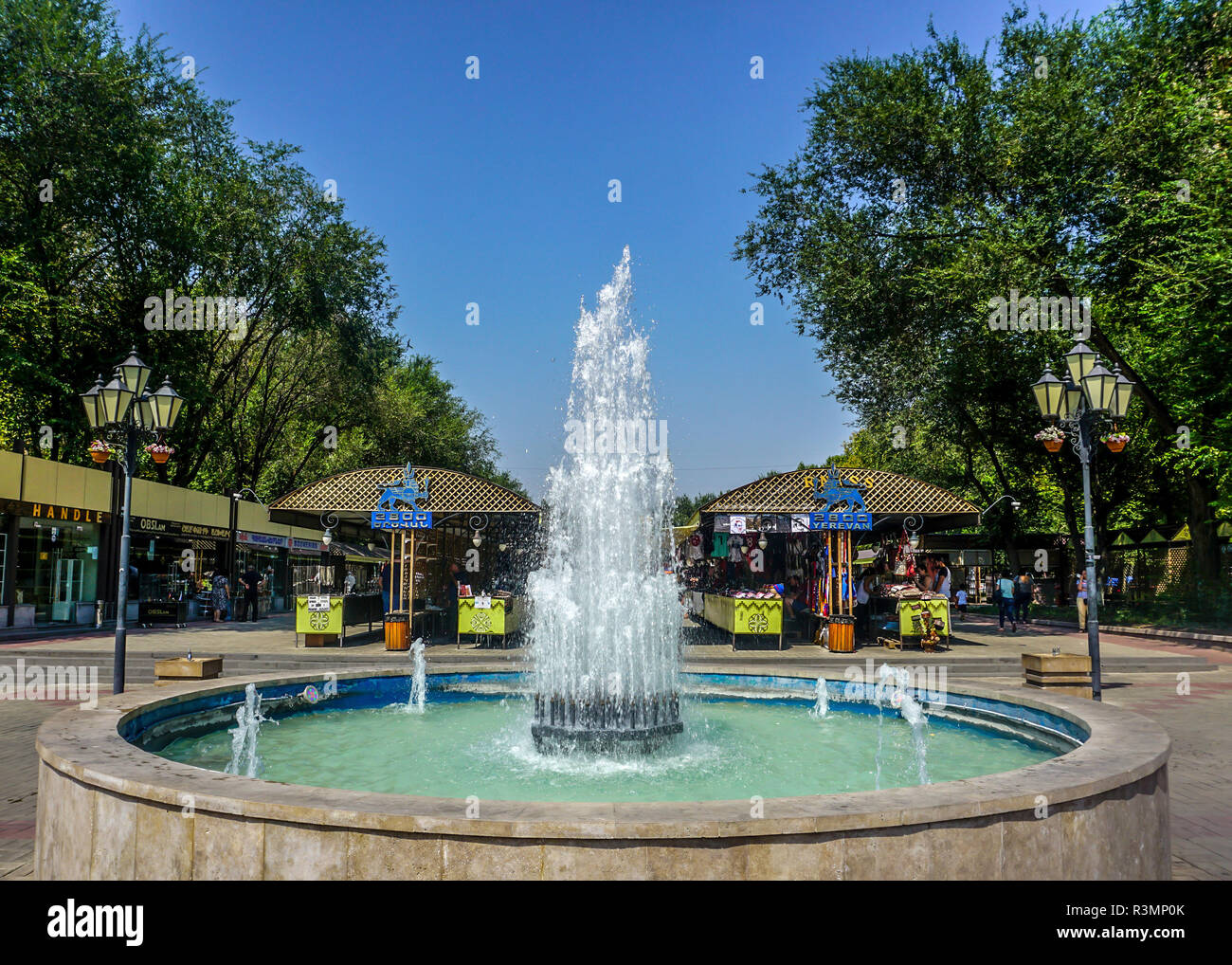 Yerevan Vernissage Picturesque Market Fountain with Street Lights Stock