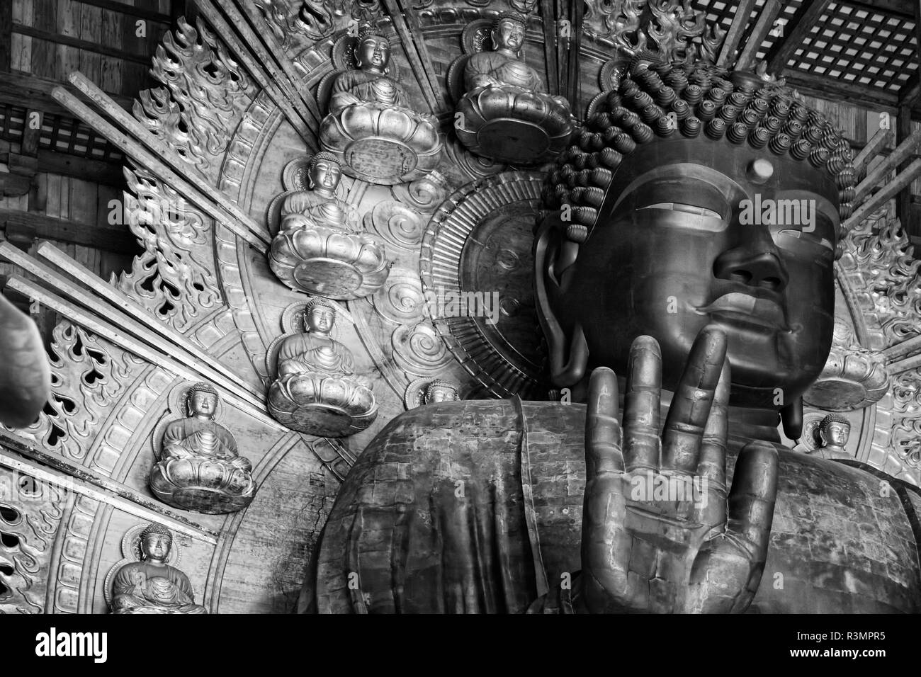 Japan, Nara. Black and white of Great Buddha at Todai-ji Temple. Stock Photo