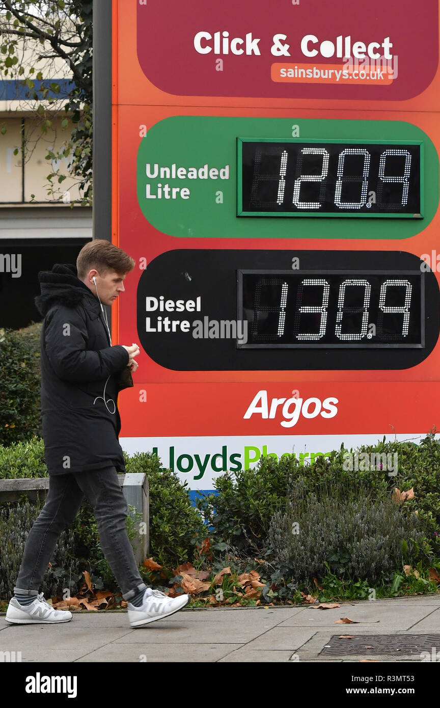Fuel prices on display at a Sainsbury's petrol station in New Cross, south London. The company is one of three supermarkets to have announced fuel price cuts as wholesale costs continue to fall. The Sainsbury's reduction will apply from Saturday. Stock Photo