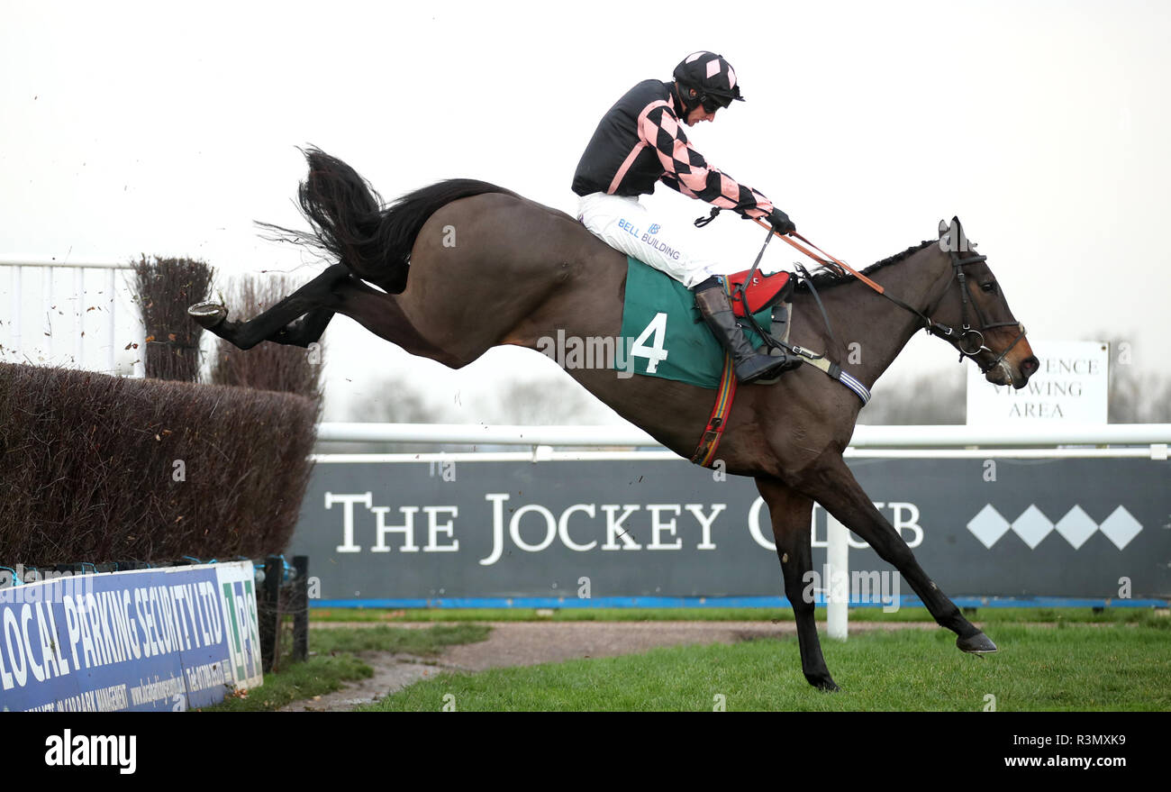 Pulling Power ridden by Jockey Matt Griffiths during the Fourpenny Plate Mares' Novices' Handicap Chase Stock Photo