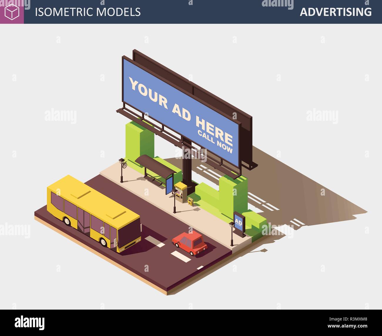 Outdoor Advertising Concept with Billboard. Vector Isometric