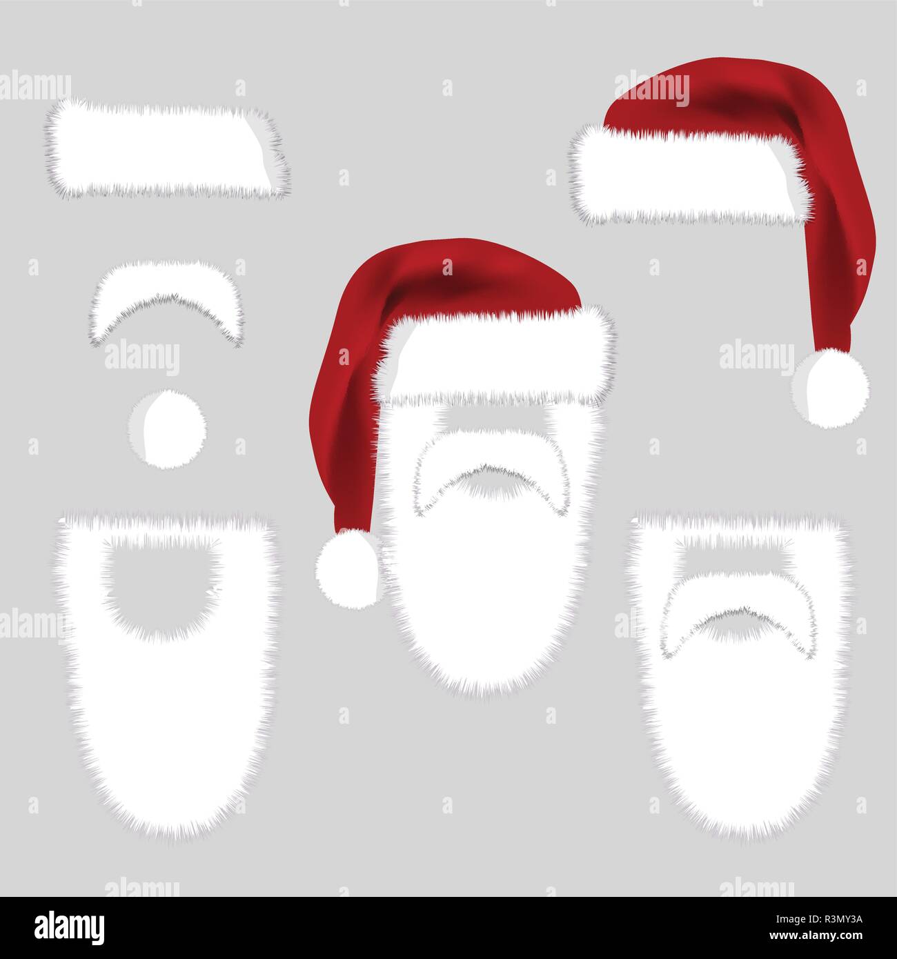 Set of Santa Accessories Hats, Moustache, Beard. Vector Christmas  illustration isolated on grey background. Santa Constructor Icon Symbol Design Stock Vector