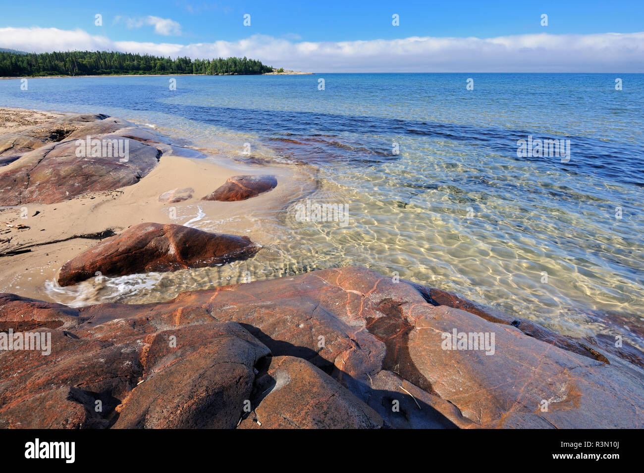 Canada, Ontario, Neys Provincial Park. Rocky shoreline of Lake Superior at Prisoners Cove. Stock Photo