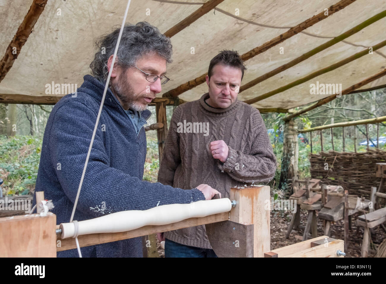 Wood turning on a pole lathe. Stock Photo