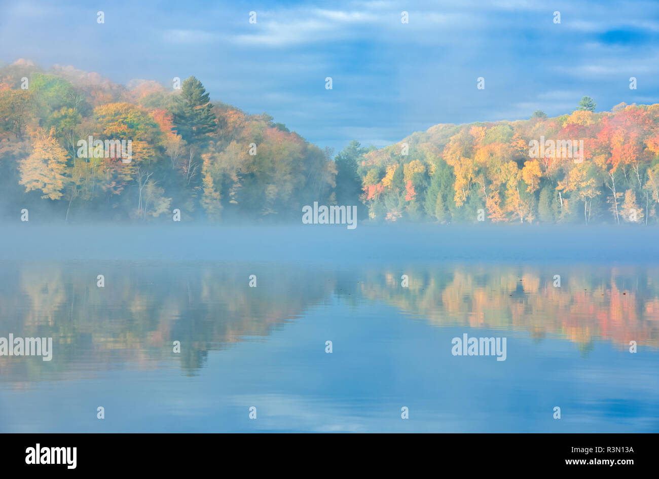 Canada Ontario Horseshoe Lake Cottage In Morning Fog On Lake