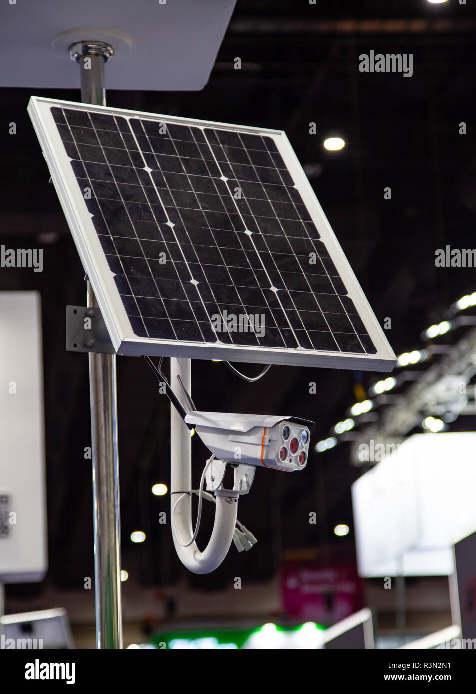 CCTV IP camera with solar cell mounted on pole Stock Photo