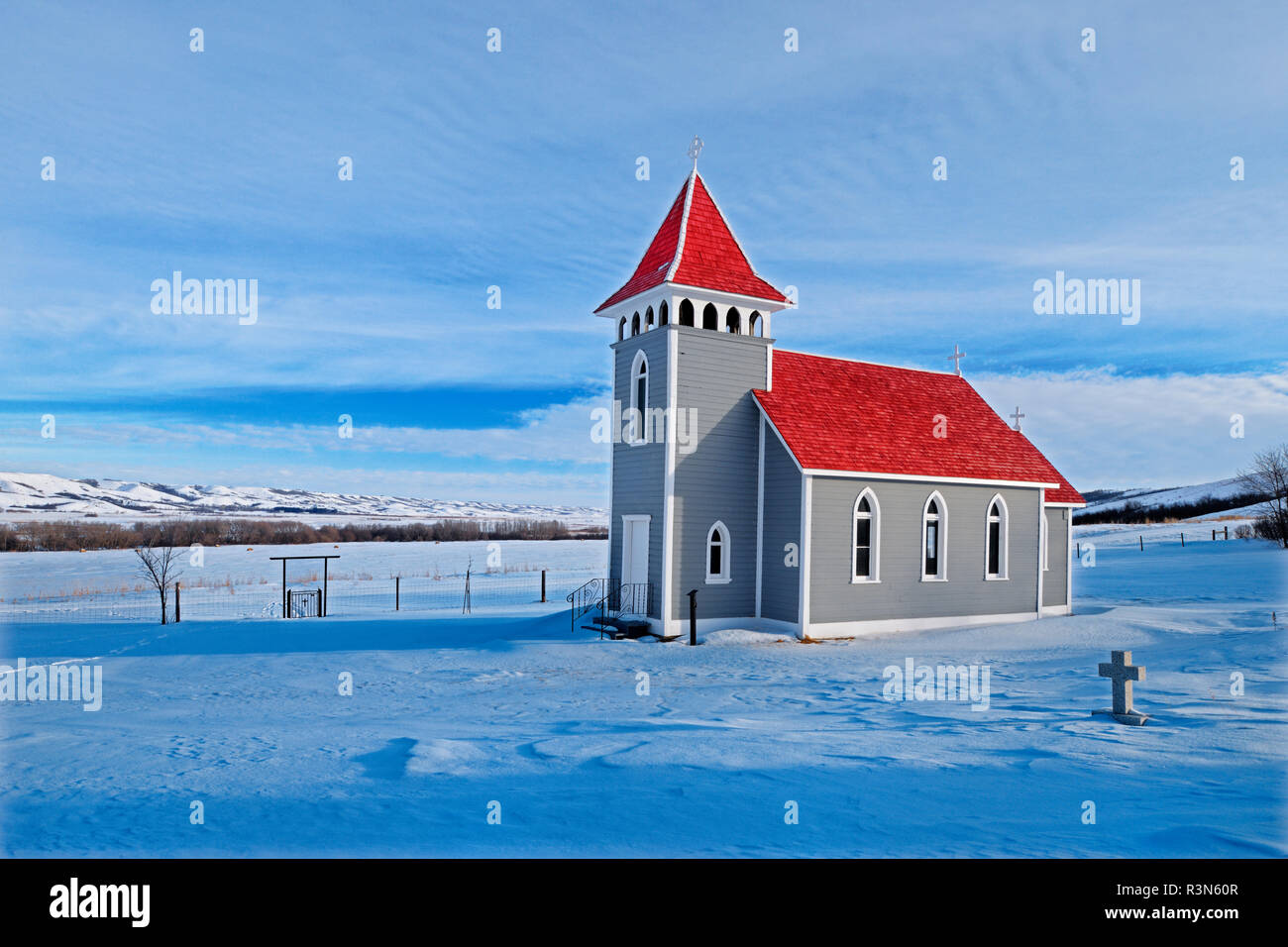 Canada, Saskatchewan, Qu'Appelle Valley. Historic St. Nicholas Anglican Church in winter. Stock Photo