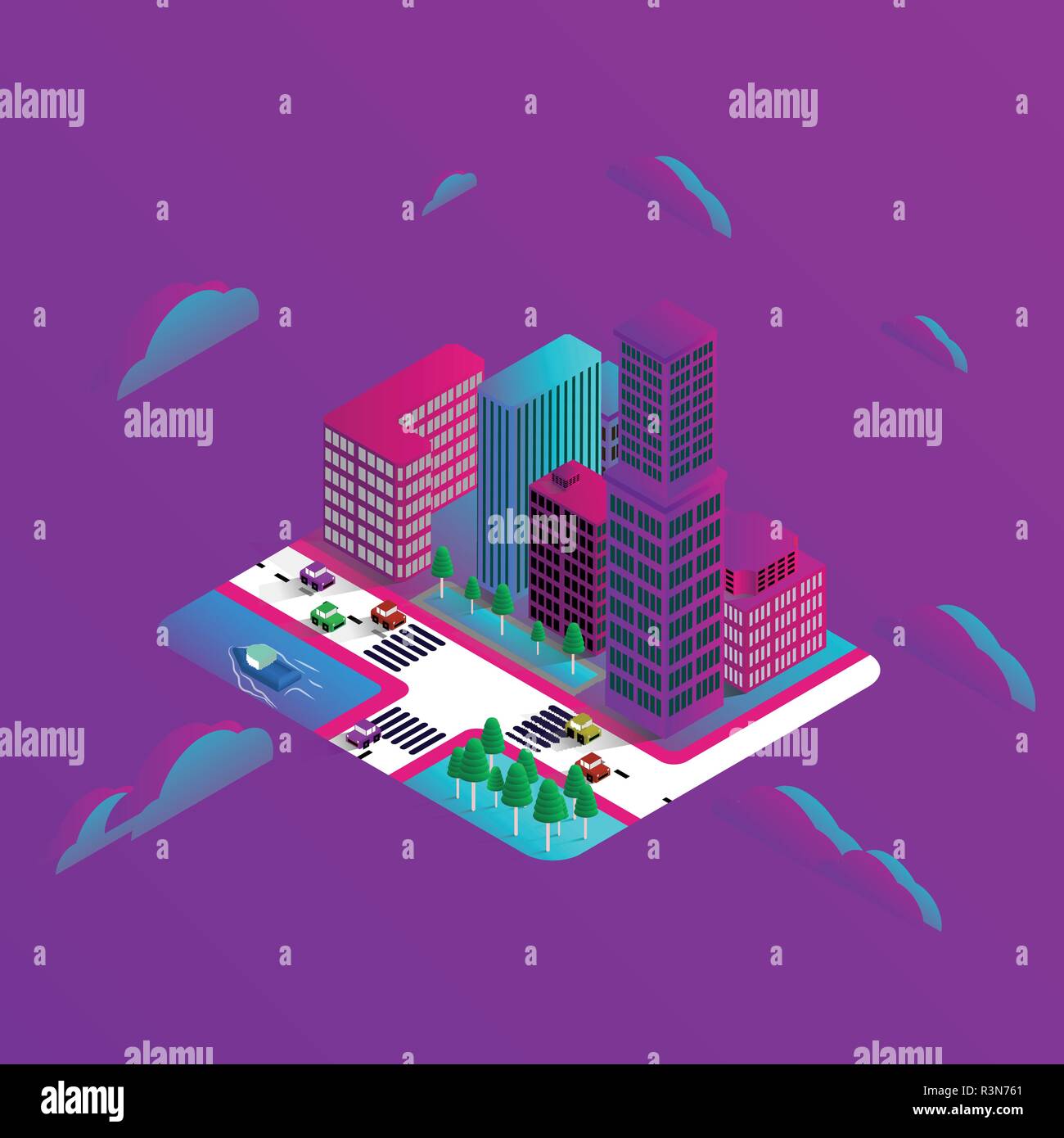 Isometric modern buildings 3D design, house, cars, tree, lake and broad. the graphics concept for your design, Vector illustrator. Stock Vector