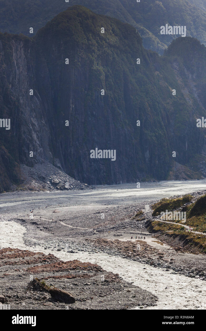New Zealand, South Island, West Coast, Fox Glacier Village, Fox Glacier hikers along Fox River Stock Photo